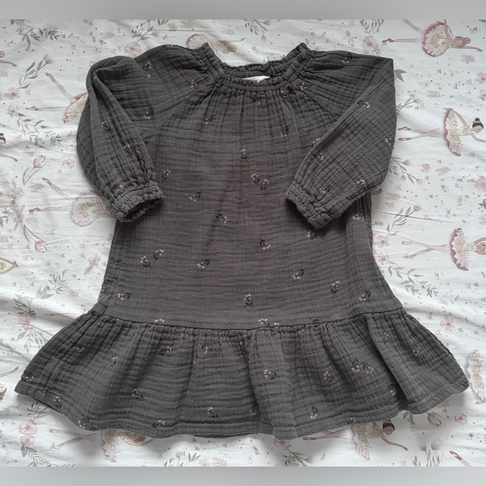 H&M Toddler Girl 3T Muslin Dress Grey Floral Gauze Boho Prairie